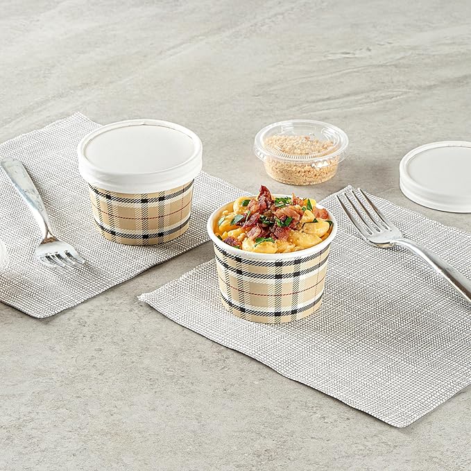 Restaurantware Coppetta 4-Ounce Dessert Cups, 50 Disposable Ice Cream Cups - Lids Sold Separately, Heavy-Duty, Plaid Paper Frozen Yogurt Bowls, For Hot And Cold Foods