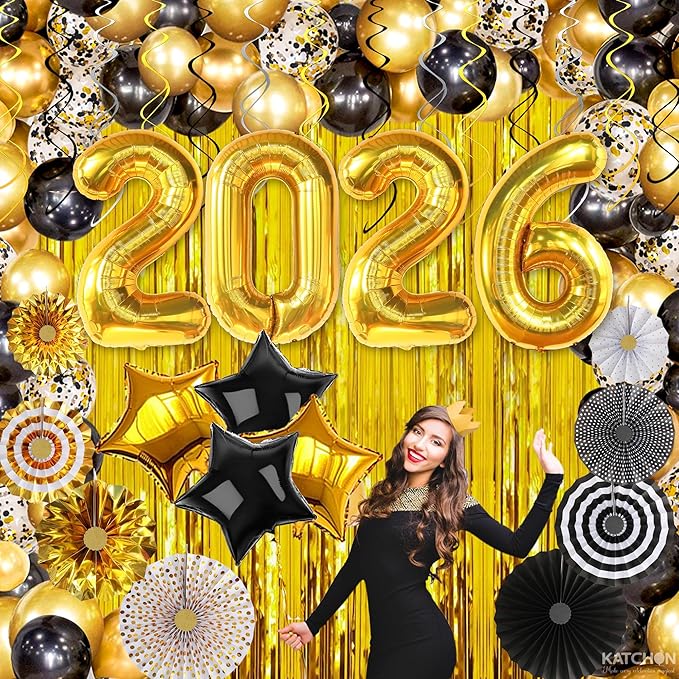 KatchOn, New Years Eve Party Supplies 2026 - Huge Set, Pack of 112 | Black and Gold 2026 Balloon Arch Kit with Gold Fringe Curtain Backdrop | Happy New Year Decorations 2026, NYE Decorations 2026