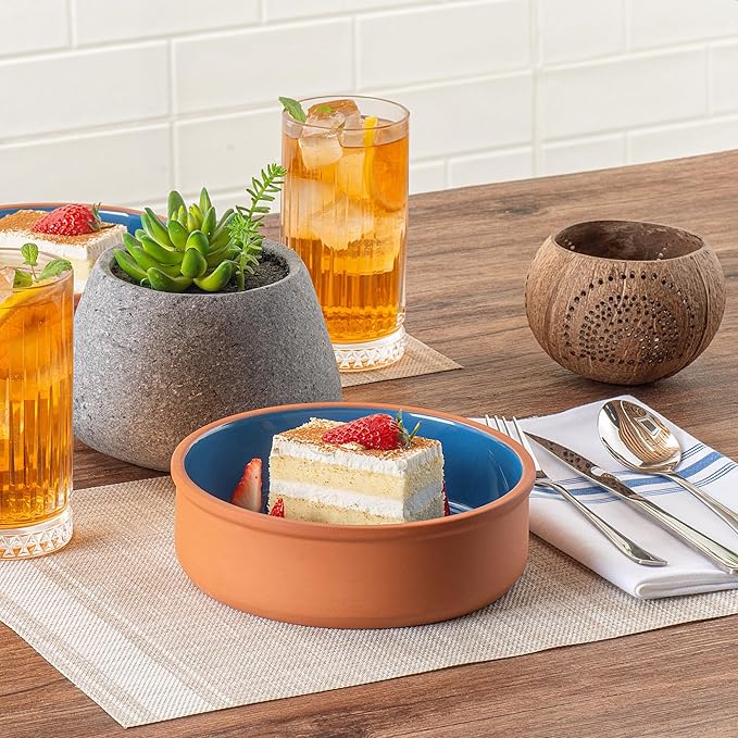 Restaurantware-Terra Tek 34 Ounce Terracotta Cazuelas, 2 Blue Glazed Clay Pots For Cooking - Oven-Ready, Microwavable, Terracotta Serving Pots, Dishwashable, For Cooking And Serving