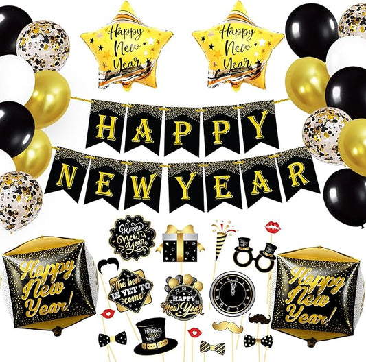 KatchOn, New Years Eve Party Supplies 2026 - Huge, Set of 76 | Black and Gold Happy New Year Banner, 2026 Balloon Numbers | New Year Foil Balloons, New Years Photo Booth Props | NYE Decorations 2026