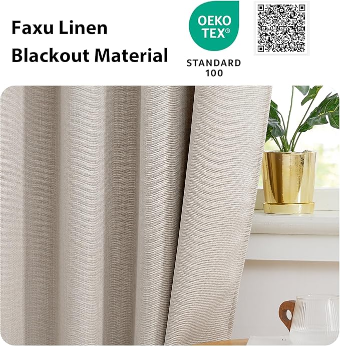 NICETOWN Small French Door Curtains with Self Adhesive Hooks, Thermal Insulated Faux Linen Blackout Door Curtains for Glass Multimedia Classroom Office (8W x 36L, 1 Panel, Angora)