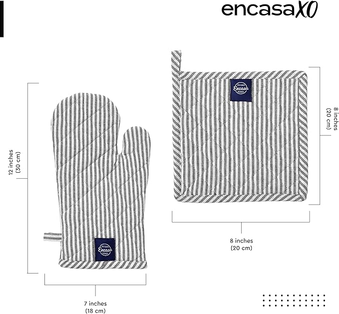 Encasa XO Heat Resistant 100% Cotton Oven Glove & Potholder Set with Loop, Kitchen Cooking Mittens, Microwave Safe Hot Pads (Ticking Black)