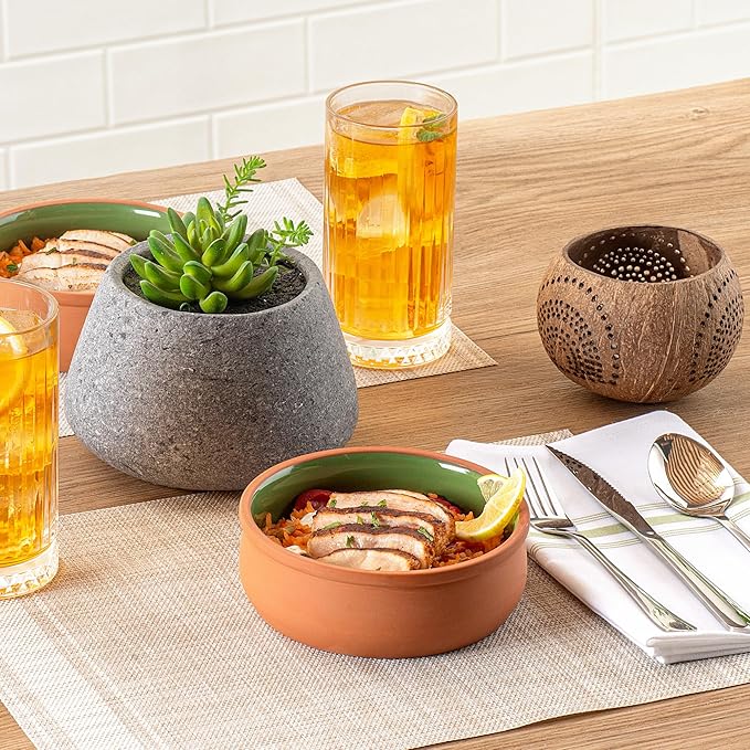 Restaurantware-Terra Tek 17 Ounce Terracotta Cazuelas, 2 Green Glazed Clay Pots For Cooking - Oven-Ready, Microwavable, Terracotta Serving Pots, Dishwashable, For Cooking And Serving