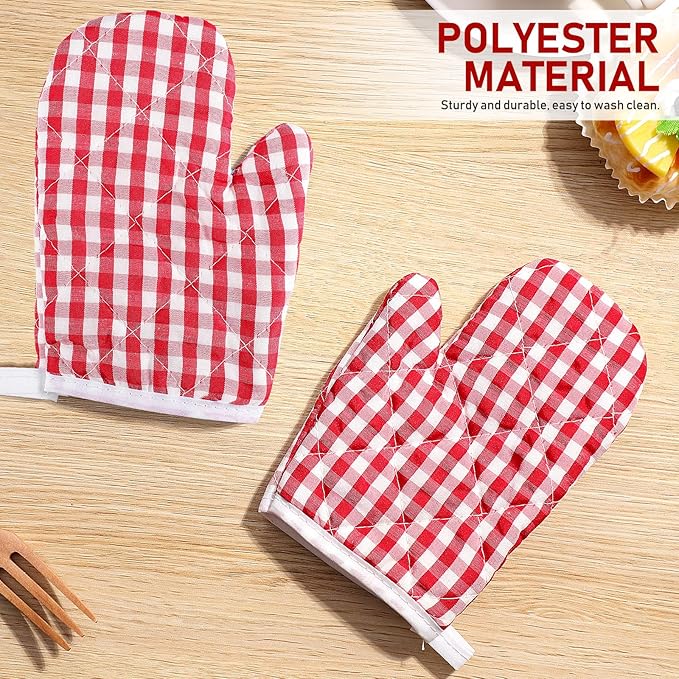 Cabilock 2pcs Kids Oven Mitts Oven Gloves Kitchen Red Checkered Mitts Microwave Gloves for Children Baking Cooking Fireplace Grill BBQ