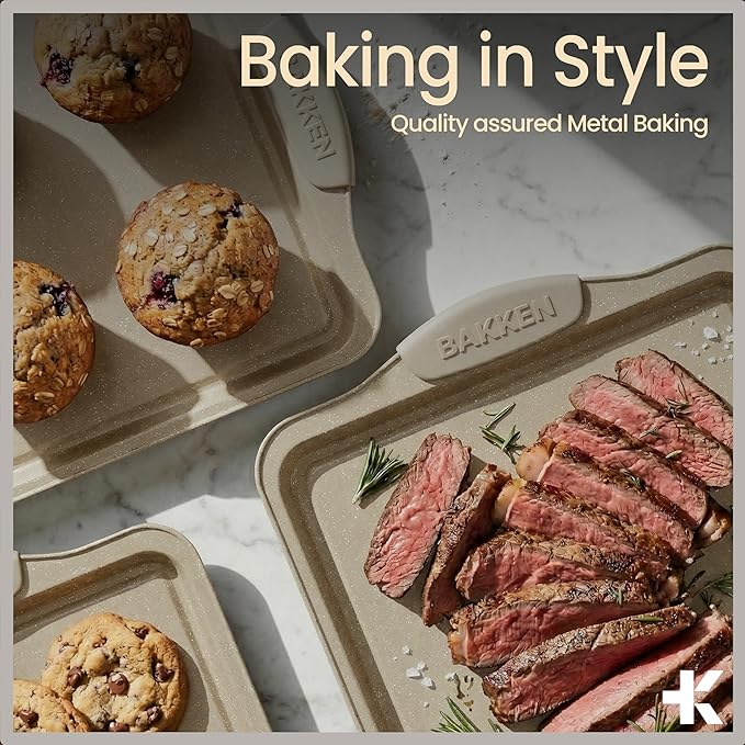 BAKKEN Cookie Sheets for Baking Nonstick Set - 3-Piece Stackable Carbon Steel Baking Sheet Pans Set with Silicone Handles, Non Toxic Cookie Sheets for Baking Bakeware Set - White Marble