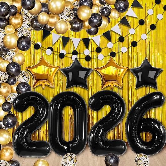 KatchOn, New Years Decorations 2026 Set - Huge, Pack of 85 | Black Gold Stars Balloon, Gold Fringe Curtain Backdrop, 2026 Balloons | New Years Eve Party Supplies 2026, Next Years Birthday Party Decor
