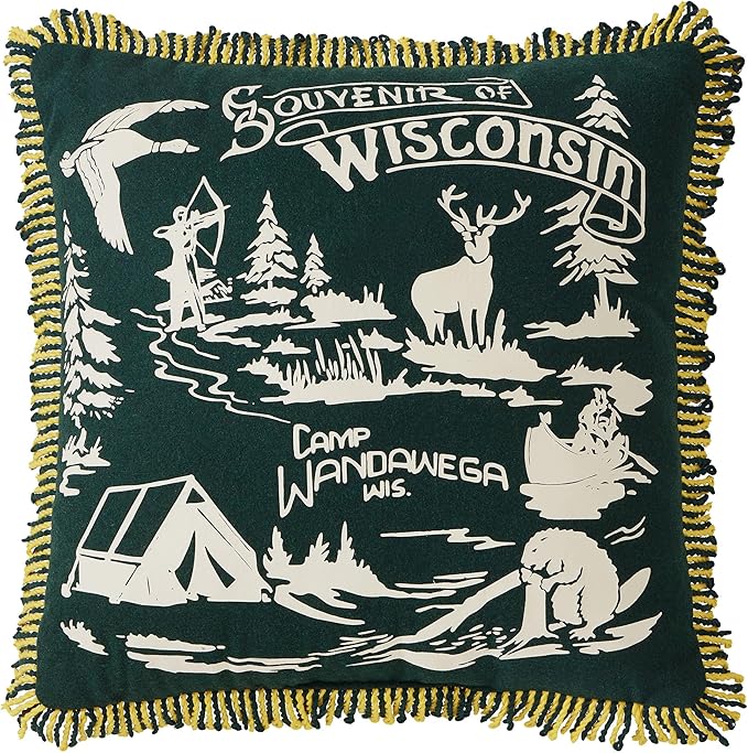 Camp Wandawega Souvenir Fringed Throw Pillow, Vintage Lodge Decorative Pillow, Square 20x20