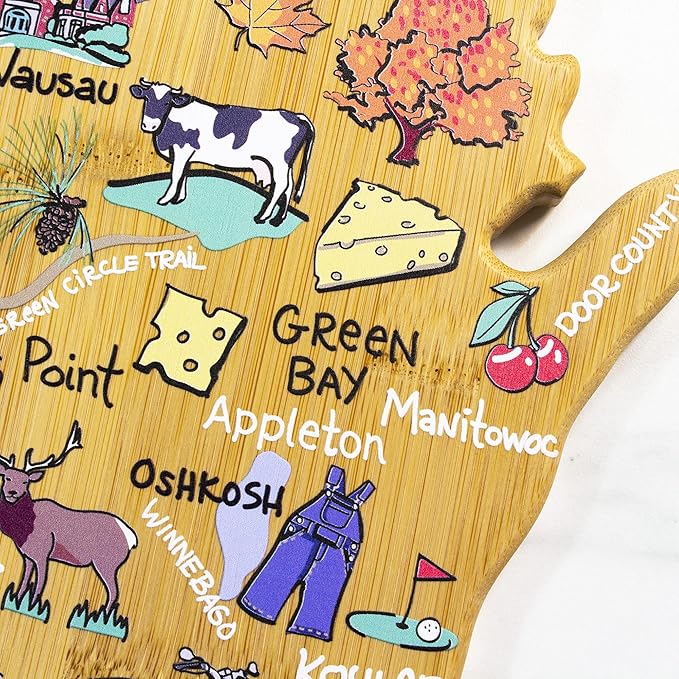 Totally Bamboo Wisconsin State Shaped Cutting Board and Charcuterie Serving Platter with Artwork by Fish Kiss, Includes Hang Tie for Wall Display