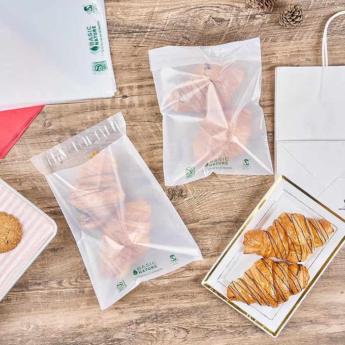 Restaurantware Cookie Bags 100 Count 10 x 8 Inch Resealable Translucent BPI-Certified Compostable Treat Bags with Lip and Tape Design for Bakeries and Pastry Shops for Candies, Cookies, and Treats