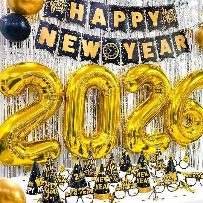New Years Decorations 2026, New Years Eve Party Supplies 2026 with Happy New Year Banner Silver Fringe Curtains 32inch 2026 Balloons Hats Glasses Noise Makers for NYE Decorations 2026