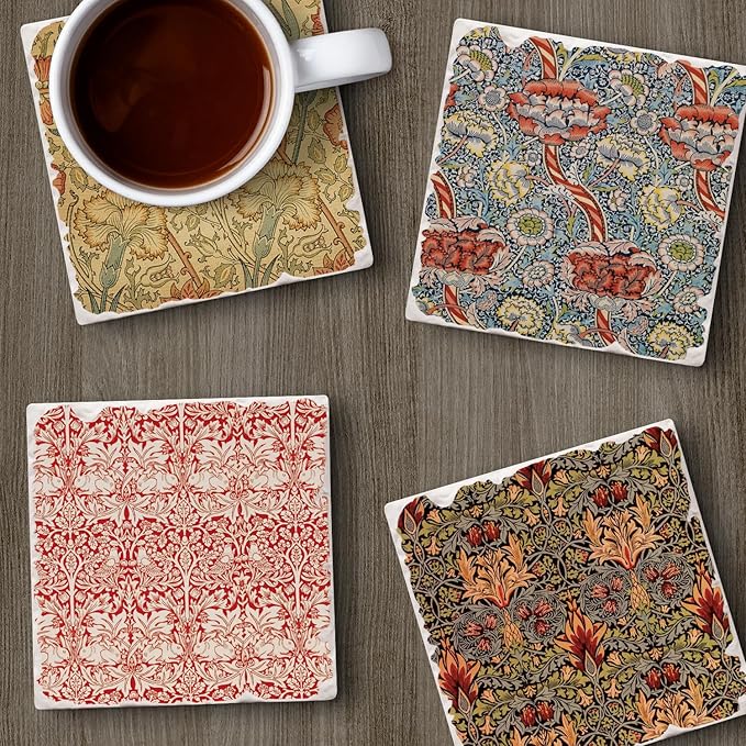 Thirstystone William Morris Textiles 4 Pack Assorted Tumbled Tile Stone Coasters with Protective Cork Backing Manufactured in The USA Absorbent Easily Wipes Clean