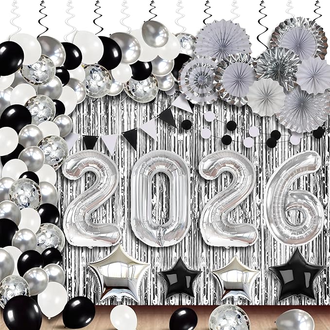 KatchOn, Huge New Years Eve Party Supplies 2026 - Huge Pack of 154 | Silver Fringe Backdrop | 2026 Balloons | Star Balloons For New Years Decorations 2026| NYE Decorations 2026 | New Year Party Decor