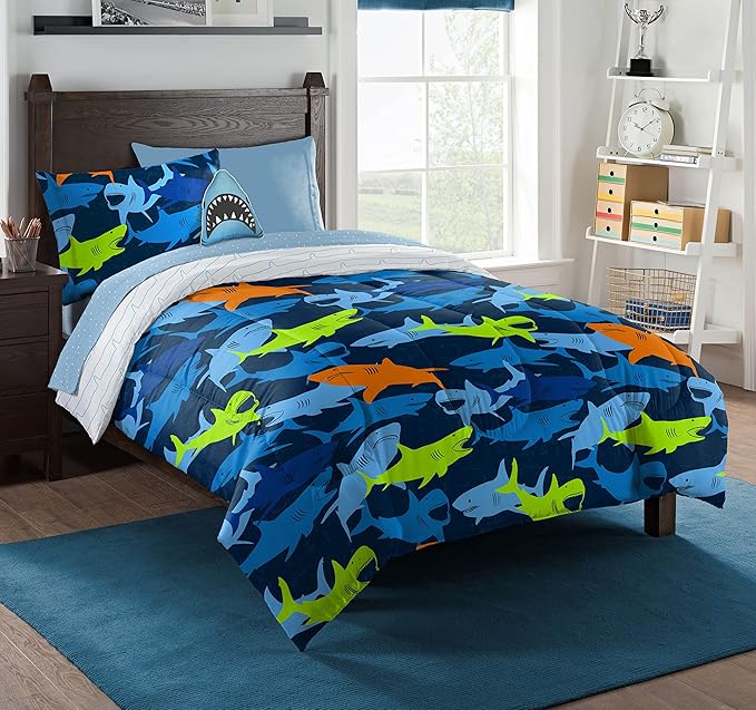 Northwest Classics Twin Sized Shark Adventure 6-Piece Bed in a Bag Set, All Seasons Bedding for Girls and Boys, Comforter, Flat Sheet, Fitted Sheet, Pillowcase, Pillow, Sham