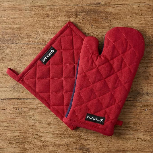 Encasa XO Heat Resistant 100% Cotton Oven Glove & Potholder Set with Loop, Kitchen Cooking Mittens, Microwave Safe Hot Pads (Red)