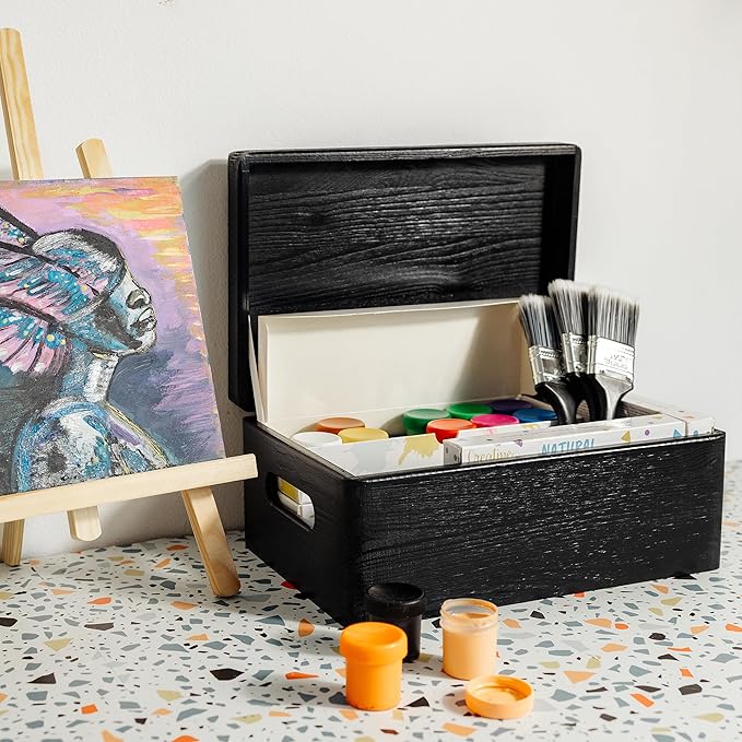 Creative Deco Large Black Wooden Box Storage with Hinged Lid | 11.8x7.87x5.51in (+-0.5) | Keepsake with Handles | Gift Box for Tool Dog Toy Shoes Kitchen Storage | Wood Keepsake Chest Trunk