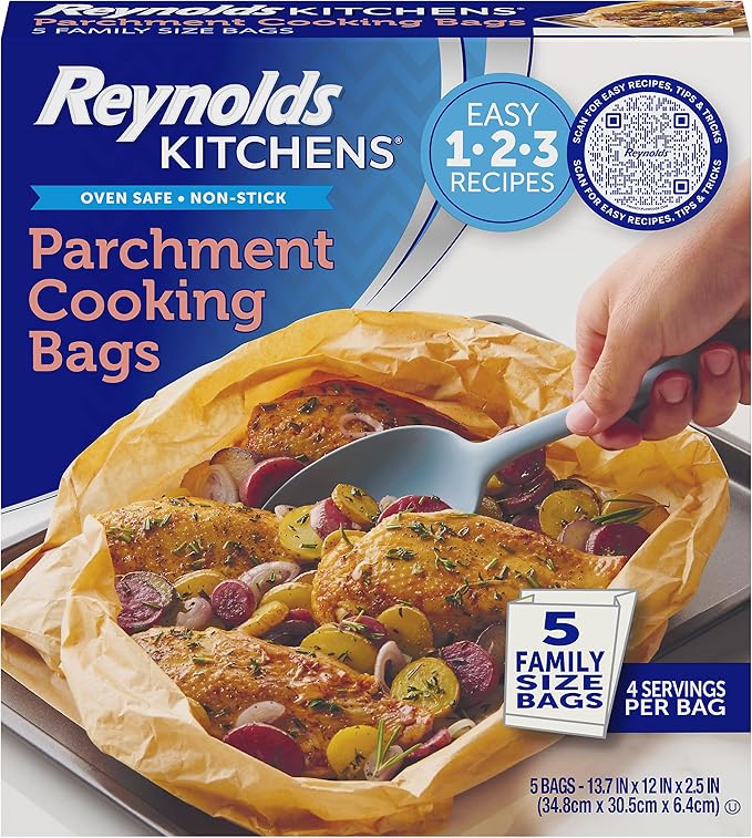 Reynolds Kitchens Parchment Cooking Bags, Family Size, Non-Stick Parchment Cooking Bags for the Oven and Microwave, Oven-Safe up to 425 Degrees, Great for Quick Family Meals, No-Mess Cleanup, 5 Pack