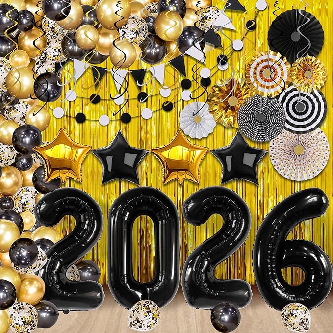 Katchon, New Years Eve Party Supplies 2026 - Huge, Pack of 115 | Happy New Year 2026 Balloons Arch Kit | Gold Fringe Backdrop Curtain, New Year Balloons | New Years Decorations 2026, Nye Decorations