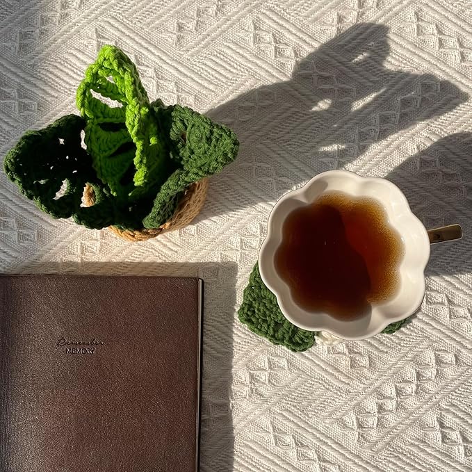 DICHA Monstera Crochet Coasters with Plant Pot-Container Beverage Coaster Sets with Holder Bar Coasters for Drinks Coffee Table Desk-Succulent Plant Pot Coaster-Set of 5