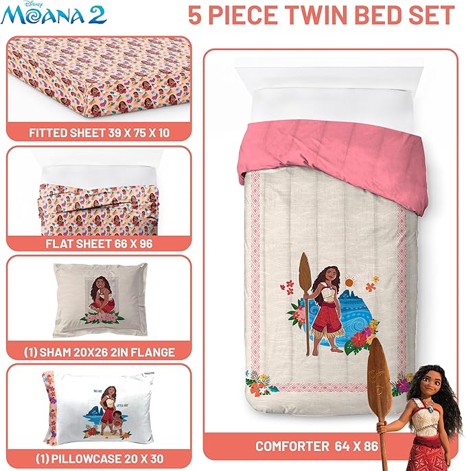 Jay Franco Disney Moana Twin Comforter Set - 5 Piece Bedding Includes Sheet Set & Pillow Covers - Super Soft Floral Cozy Bedding
