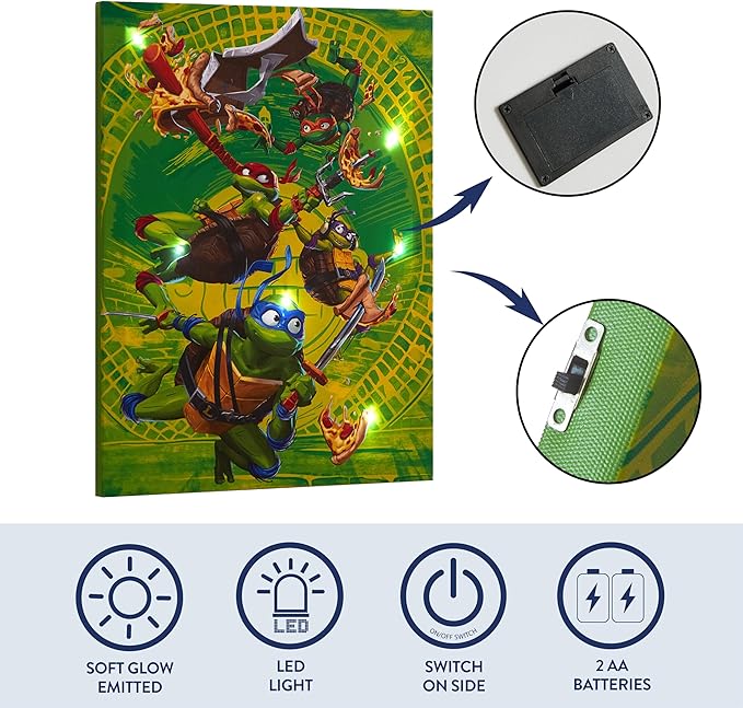 Teenage Mutant Ninja Turtles LED Wall Art for Kids,11.5x15.75 Inch Light-Up Canvas Décor with Hanging Hooks, Battery Operated Night Light for Toddlers & Children’s Bedrooms or Playrooms
