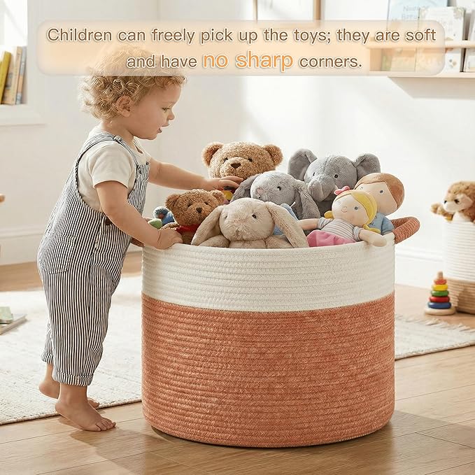 Artfeel 100L Large Cotton Rope Basket, Decorative Woven Blanket Storage for Living Room, Boho Toy Storage & Toy Box for Kids, Versatile Laundry Basket & Nursery Hamper for Blankets(Orange)
