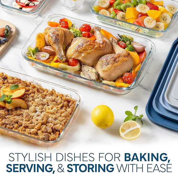 COOK WITH COLOR 8-Piece Deep Glass Baking Dish Set with Plastic Lids – Casserole and Food Storage Containers for Lasagna, Leftovers – Freezer-to-Oven, Microwave & Dishwasher Safe, Blue