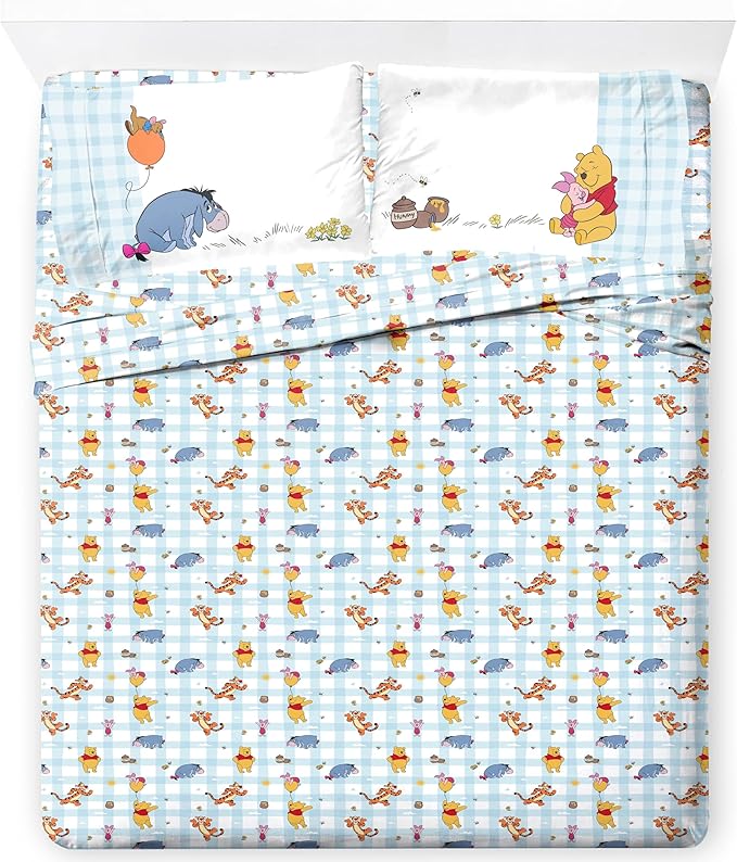 Jay Franco Kids Sheet Set with Fitted, Flat Sheets & Pillow Cover - Ultra-Soft Bedding with Pillowcase for Room Decor, White - Winnie The Pooh, 4 Piece Queen