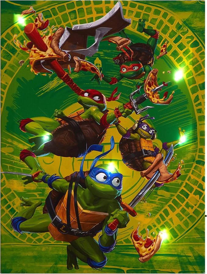 Teenage Mutant Ninja Turtles LED Wall Art for Kids,11.5x15.75 Inch Light-Up Canvas Décor with Hanging Hooks, Battery Operated Night Light for Toddlers & Children’s Bedrooms or Playrooms