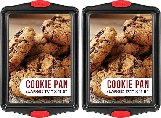Nonstick Cookie Sheet Pan Carbon Steel Oven Tray Sheet Pan with Red Silicone Handles -large Bakeware Pan Tray with Gray Coating Inside & Outside (Pack of 2)