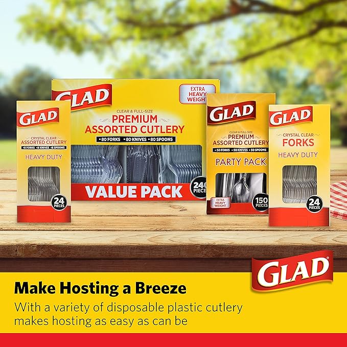 Glad Clear Disposable Cutlery Set with Heavy Duty Plastic Forks, Knives, and Spoons, Reusable Dishwasher Safe Plastic Utensils for Parties and Everyday Use, 150 Count