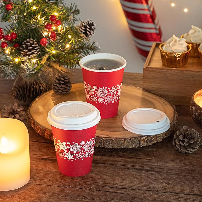 Restaurantware-Restpresso 12 Ounce Disposable Drinking Cups, 20 Hot Cups With Plastic Lids - Snowflake Design, Rolled Rim, Red Paper Coffee Cups, For Christmas Parties, Serve Hot And Cold Drinks