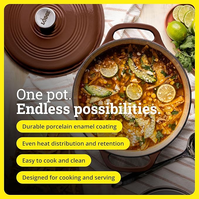 Lodge Essential Enamel Cast Iron Dutch Oven - Perfect for Bread Baking, Braising, Marinating & Slow Cooking - Features Moisture-Sealing Lid & Dual Handles - Kitchen Essentials - 6 Quarts - Burnt Sienna