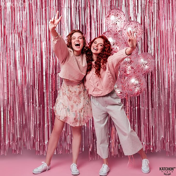 KatchOn, Pink Fringe Backdrop - Large, Pack of 2 | Pink Streamers for Birthday Decorations | Valentines Decor, Galentines Day Decorations, Baby Shower, Gender Reveal, Bachelorette Party Decoration