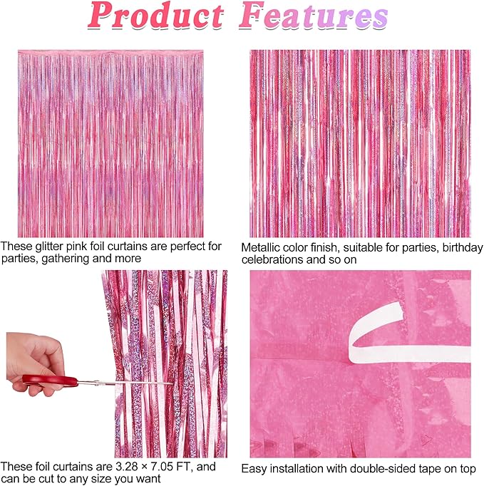 4 Pack Pink Backdrop, 3.28 FT x7.05 FT Foil Fringe Curtains, Metallic Glitter Pink Streamer Fringe Backdrop Foil Curtains, Laser Pink Birthday Party Valentines Day Decorations Bachelorette Decor