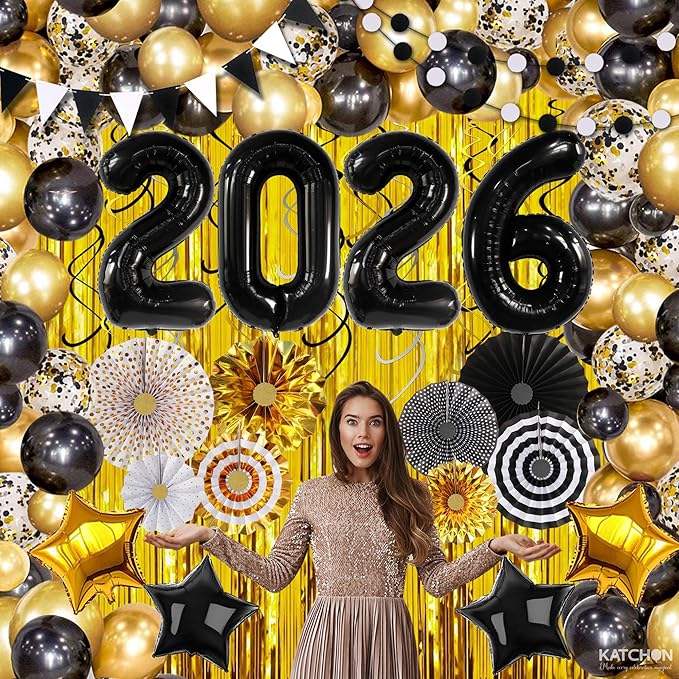 KatchOn, Happy New Years Decorations 2026 Black and Gold Set - Big Pack of 115 | Happy New Year Balloon Arch Kit | Black 2026 Balloons, Fringe Backdrop | New Years Eve Party Supplies 2026