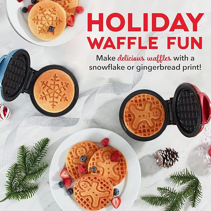 Dash Mini Waffle Maker- Mini Machine for Creative Homemade Treats - Nonstick Iron with Unique Print Design - Stylish Waffle Machine - Holiday 2-Pack - Red & Metallic Blue