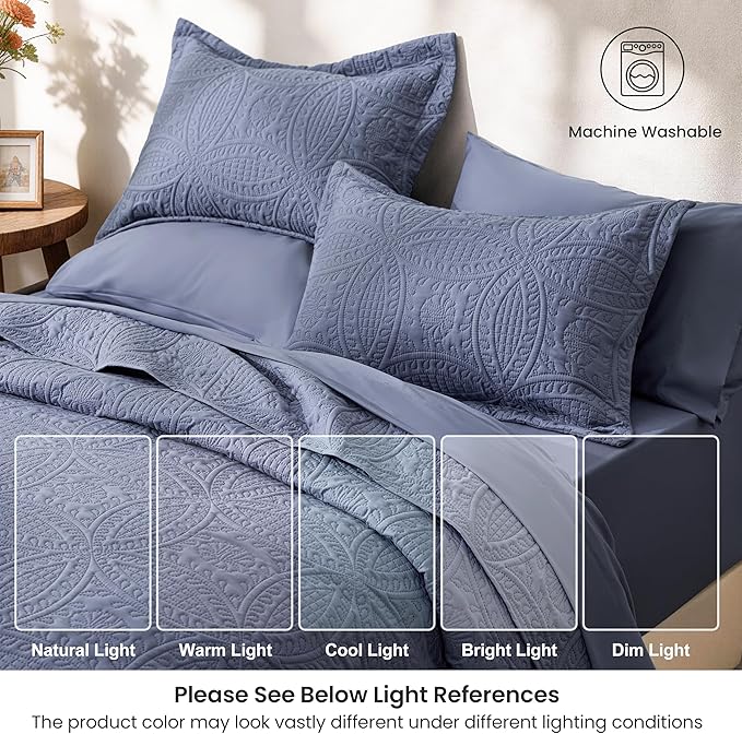 Love's cabin King Quilt Set Bluish Grey, Bed in a Bag King Size Bedding 7 Pcs, Ultrasonic Embossed Coin Pattern Comforter, Lightweight Bedspreads for All Seasons Quilt with Sheets, Pillowcases & Shams