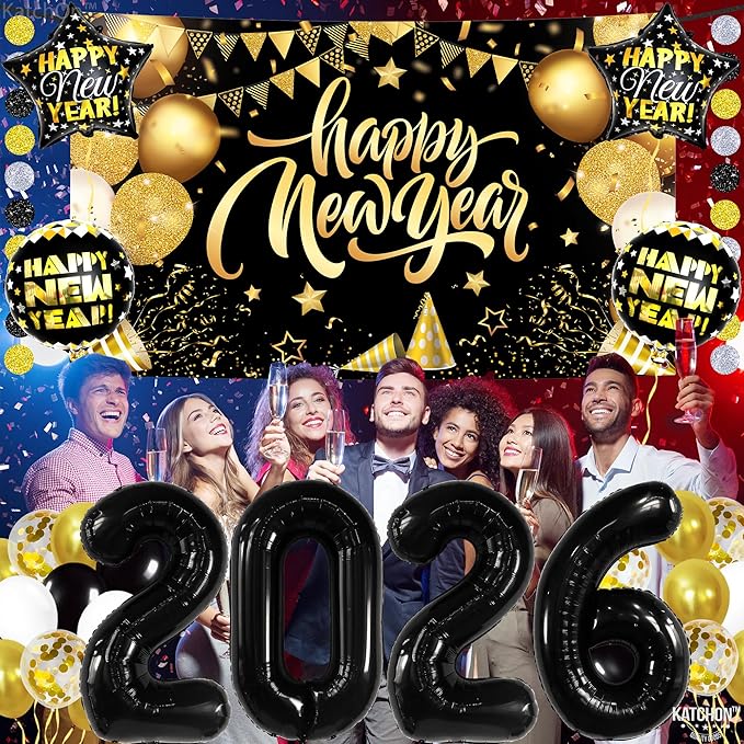 KatchOn, New Years Eve Party Supplies 2026 Set - Pack of 42 | Black and Gold New Year Banner | New Year Foil Balloons | New Years Eve Balloon Arch Kit | Nye Decorations 2026 | New Years Eve Party Kit