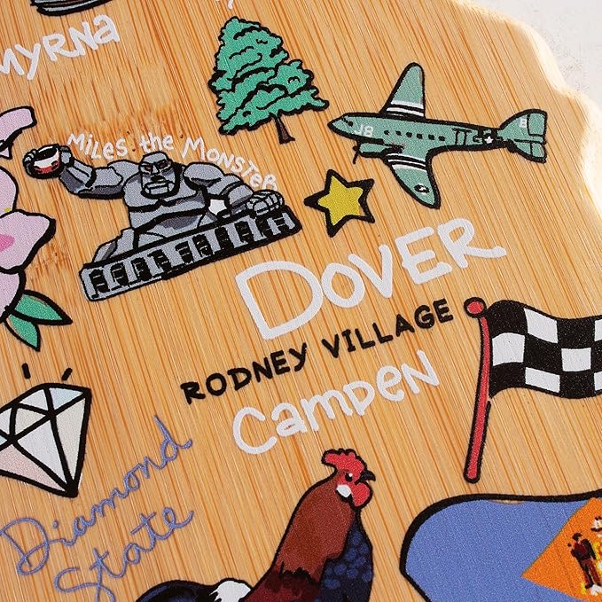 Totally Bamboo Delaware State Shaped Cutting Board and Charcuterie Serving Platter with Artwork by Fish Kiss, Includes Hang Tie for Wall Display