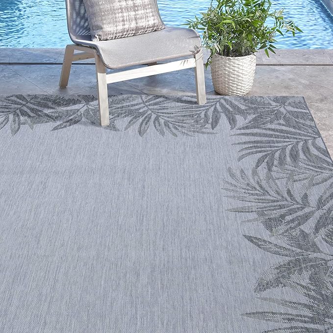 Gertmenian Indoor/Outdoor Flatweave Area Rug - 6x9 Medium, Stain & UV Resistant, Ideal for Deck, Patio, Poolside, Mudroom - Palm Tree Border Cream Grey, 22347