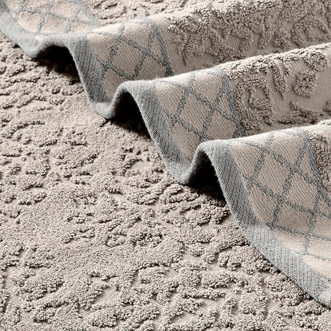 Modern Threads 6 Piece Cotton Bath Towel Set – Ultra Soft 550 GSM Towels – Bathroom Set with Hand Towels and Washcloths – Diamond Border (Silver Cloud)