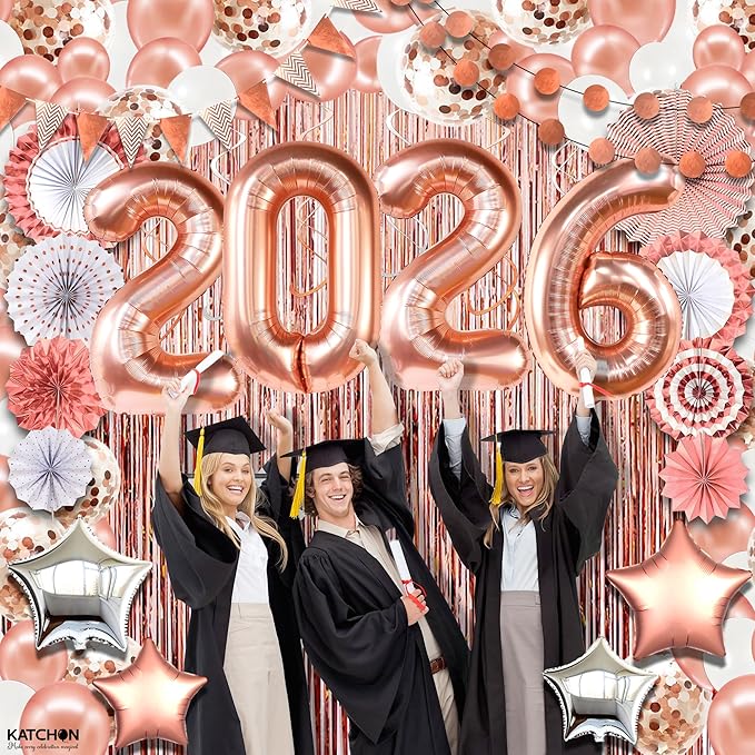 KatchOn, Rose Gold Birthday Decorations Set - Huge Pack of 145 | Rose Gold Fringe Backdrop, Balloons, Garland for Birthday Decorations, Graduation Decorations 2026 | Graduation Eve Party Supplies