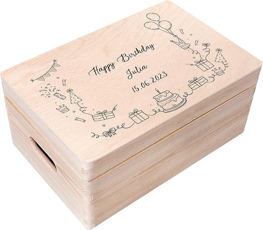 Creative Deco Personalized Wooden Storage Box Birthday Box | 11.8x7.87x5.51in (+-0.5) | Minimalistic Design | Hinged Lid Handles & Engraving | Birthday Gift Box | UNSANDED Keepsake Memory Souvenir