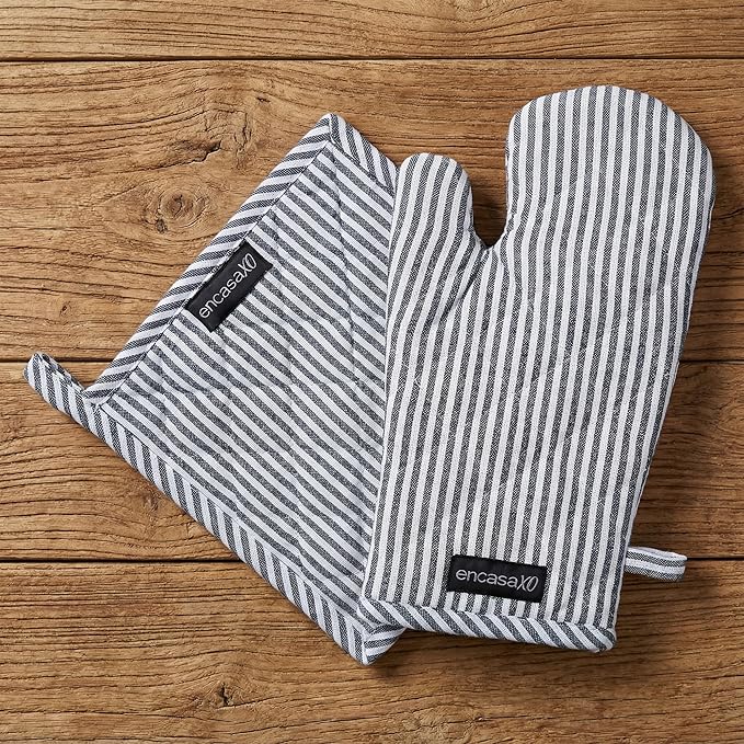 Encasa XO Heat Resistant 100% Cotton Oven Glove & Potholder Set with Loop, Kitchen Cooking Mittens, Microwave Safe Hot Pads (Ticking Navy Blue)