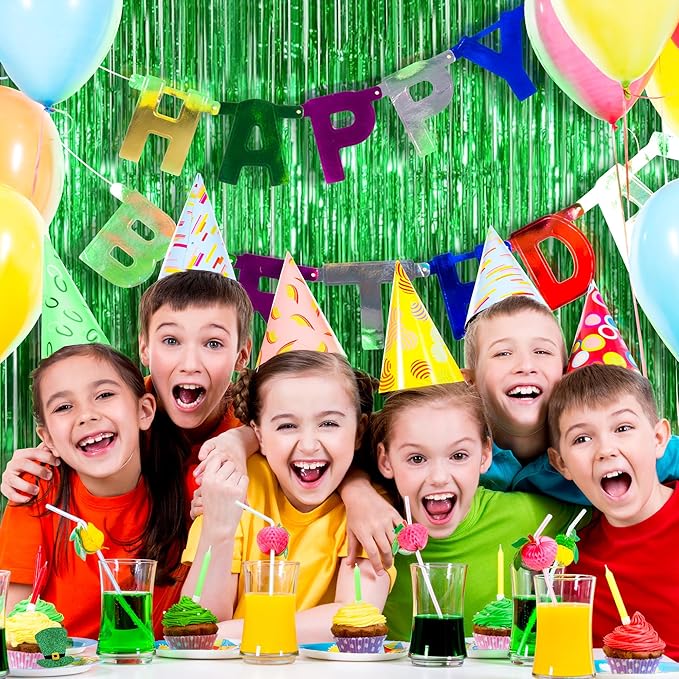 Green Tinsel Backdrop Curtains - 2 Pack Foil Fringe Streamers Photo Backdrop for 2026 World Soccer Cup Party Decorations | Soccer Football Theme Birthday Dinosaur Animal Party Wall Decor