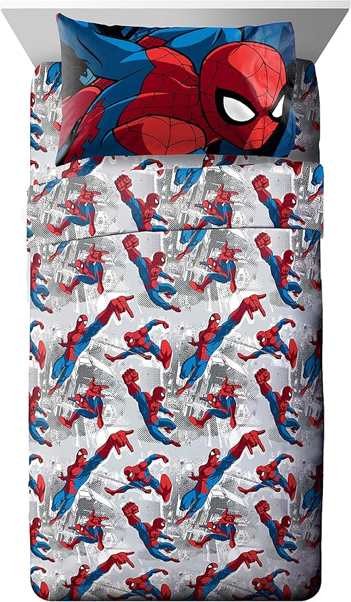 Jay Franco Kids Sheet Set with Fitted, Flat Sheets & Pillow Cover - Ultra-Soft Bedding with Pillowcase for Room Decor, White - Spiderman, 4 Piece Full