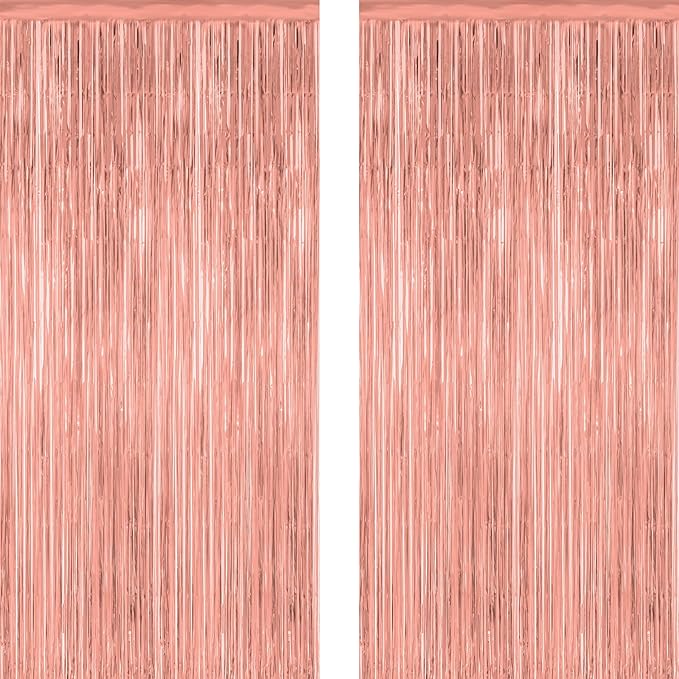 ZATAYE 2 Pack Rose Gold Decorations, 3.28 FT x 7.05 FT Rose Gold Fringe Curtains, Metallic Photo Backdrop Tinsel Backdrop Foil Curtains, Metallic Party Supplies Wedding Decor