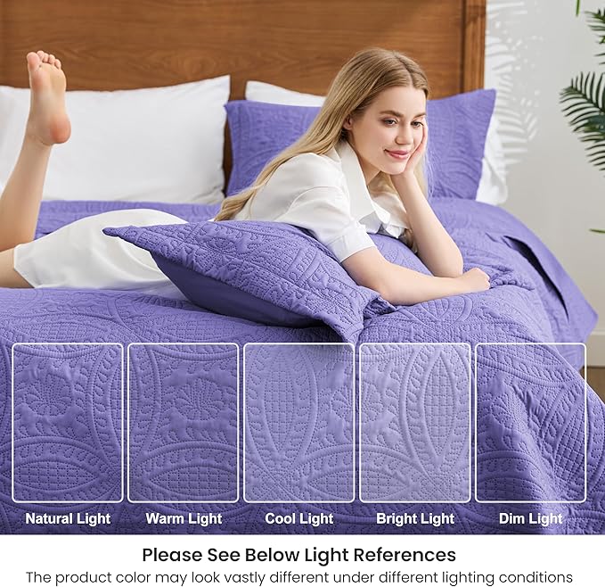 Love's cabin Oversized King Size Quilt Bedding Set Deep Purple Bedspreads - Oversized King Lightweight Bedspread Comforter - Coin Pattern Coverlet for All Season - 3 Pieces (1 Quilt, 2 Pillow Shams)