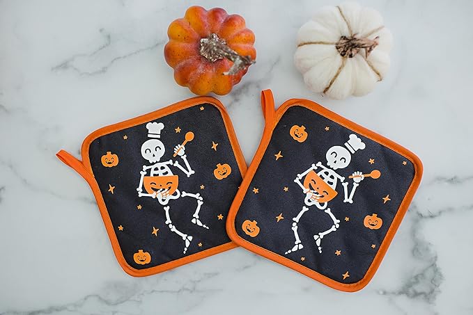 Pearhead Halloween Skeleton Chef Pot Holders Set of 2, Heat-Resistant Kitchen Hot Pads with Hanging Loops, Spooky Pumpkin Design for Cooking, Baking, Serving, and Festive Autumn Holiday Décor