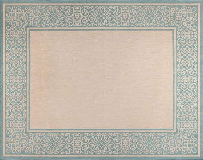 Gertmenian Indoor/Outdoor Flatweave Area Rug - 6x9 Medium, Stain & UV Resistant, Ideal For Deck, Patio, Poolside, Mudroom - Abstract Border, Aqua Blue Cyan, 22965